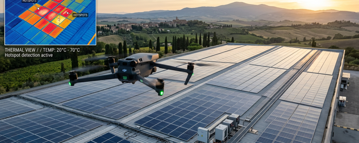 Drone termico in volo su impianto fotovoltaico industriale per ispezione termografica