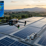 Drone termico in volo su impianto fotovoltaico industriale per ispezione termografica
