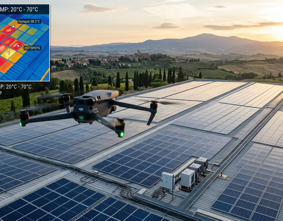 Drone termico in volo su impianto fotovoltaico industriale per ispezione termografica